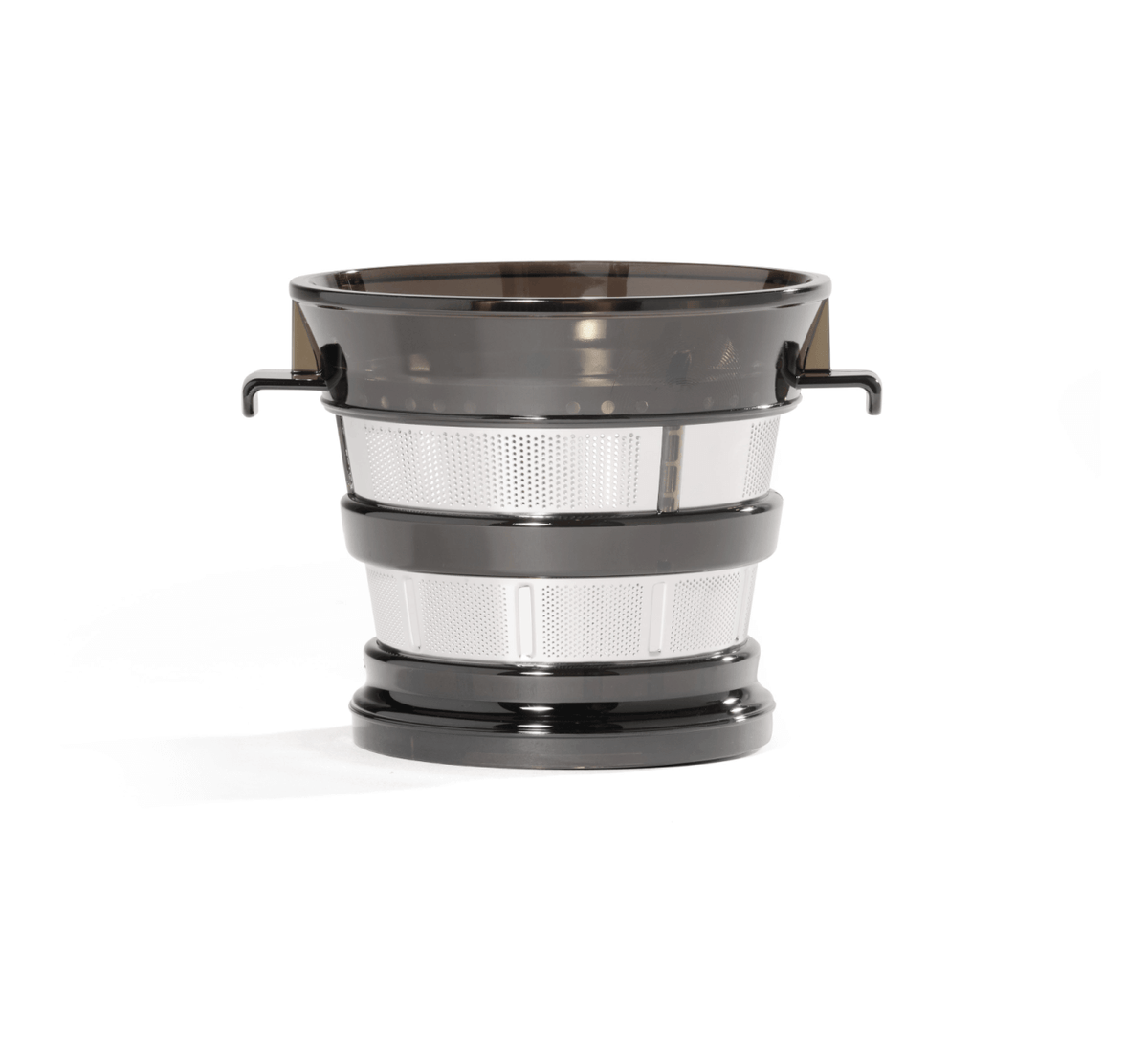 The Juice Strainer is a black and silver metal basket with handles on both sides, featuring a mesh filter and a solid base, perfect for use with a cold press juicer or when making plant-based milk. It is shown isolated on a white background.