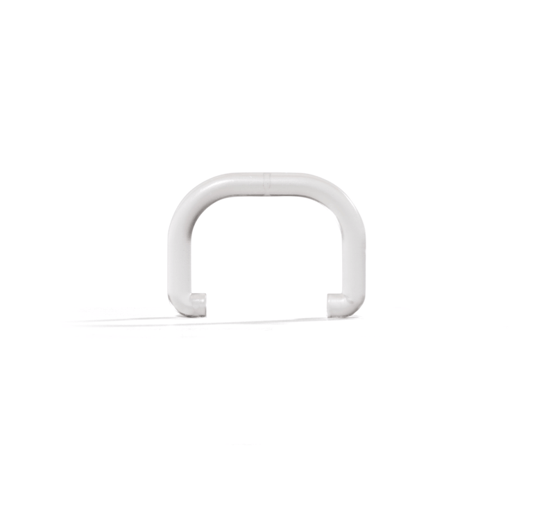 A Pulp Outlet Loop, featuring a white U-shaped design reminiscent of those used in cold press juicers, stands upright on a plain white background and casts a faint shadow to the left.