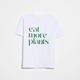 The Eat More Plants T-shirt, made from 100% combed cotton, is shown flat with green "eat more plants" text on the back.