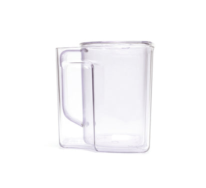 A clear, square-shaped glass mug with a matching handle sits on a white background, echoing the modern style of the Juice and Pulp Container Set.