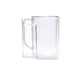 A clear, square-shaped glass mug with a matching handle sits on a white background, echoing the modern style of the Juice and Pulp Container Set.