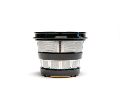 A close-up of the Juice Strainer, featuring a cylindrical metal and plastic mesh basket, designed for cold press juicers or coffee machines, shown isolated on a white background.