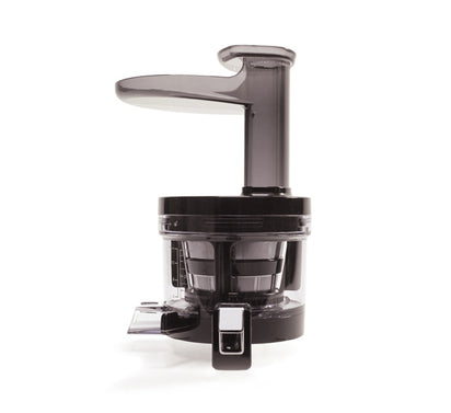 A transparent and black Chamber Set with a top chute, juice spout, and pulp spout, designed as a juicer attachment for the Nama Vitality 5800 Cold Press Juicer, is shown against a white background.
