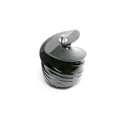 The Auger is a black, glossy, spiral-shaped object with a metallic knob on top, shown on a white background. Its modern design resembles an auger from a cold press juicer and serves as a stylish decorative container or kitchen accessory.
