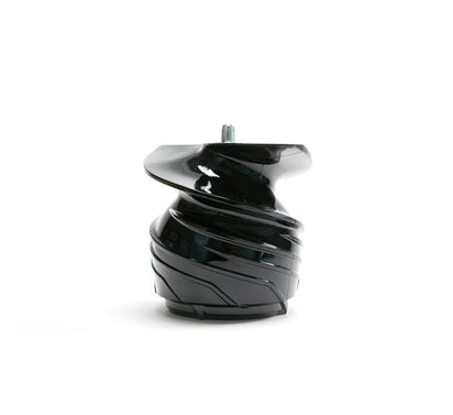 A glossy black Chamber Set, shaped in spirals with smooth curves and ridges, sits on a white background. Its shiny surface and design are reminiscent of the Nama Vitality 5800 Cold Press Juicer parts.